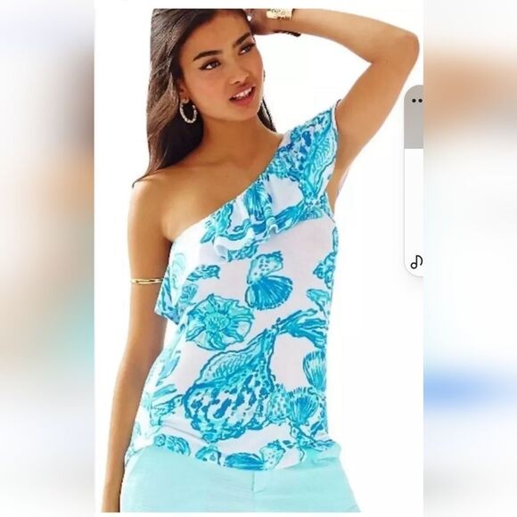 Lilly Pulitzer Tops - Lilly Pulitzer Neveah blue seashells ruffle one shoulder top